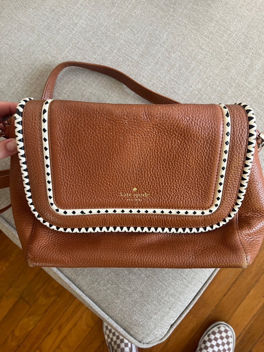 kate spade Tan Pebbled Leather Shoulder Bag with Cream & Black Trim